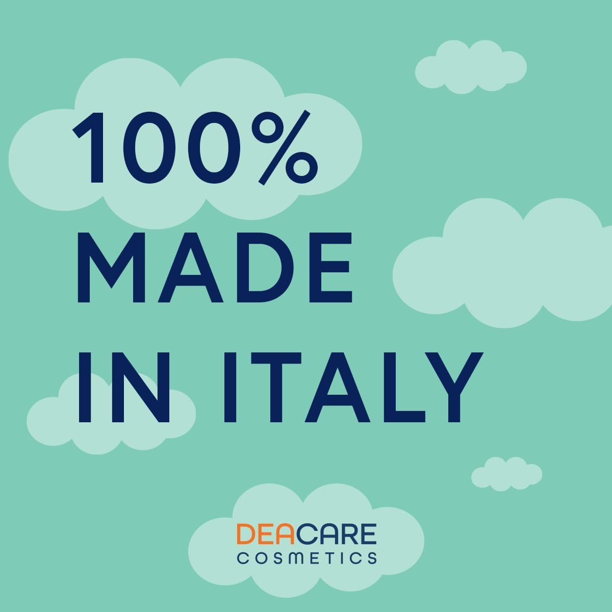 Sfondo turchese con nuvole e testo: 100% MADE IN ITALY. Sotto, DEACARE COSMETICS.
