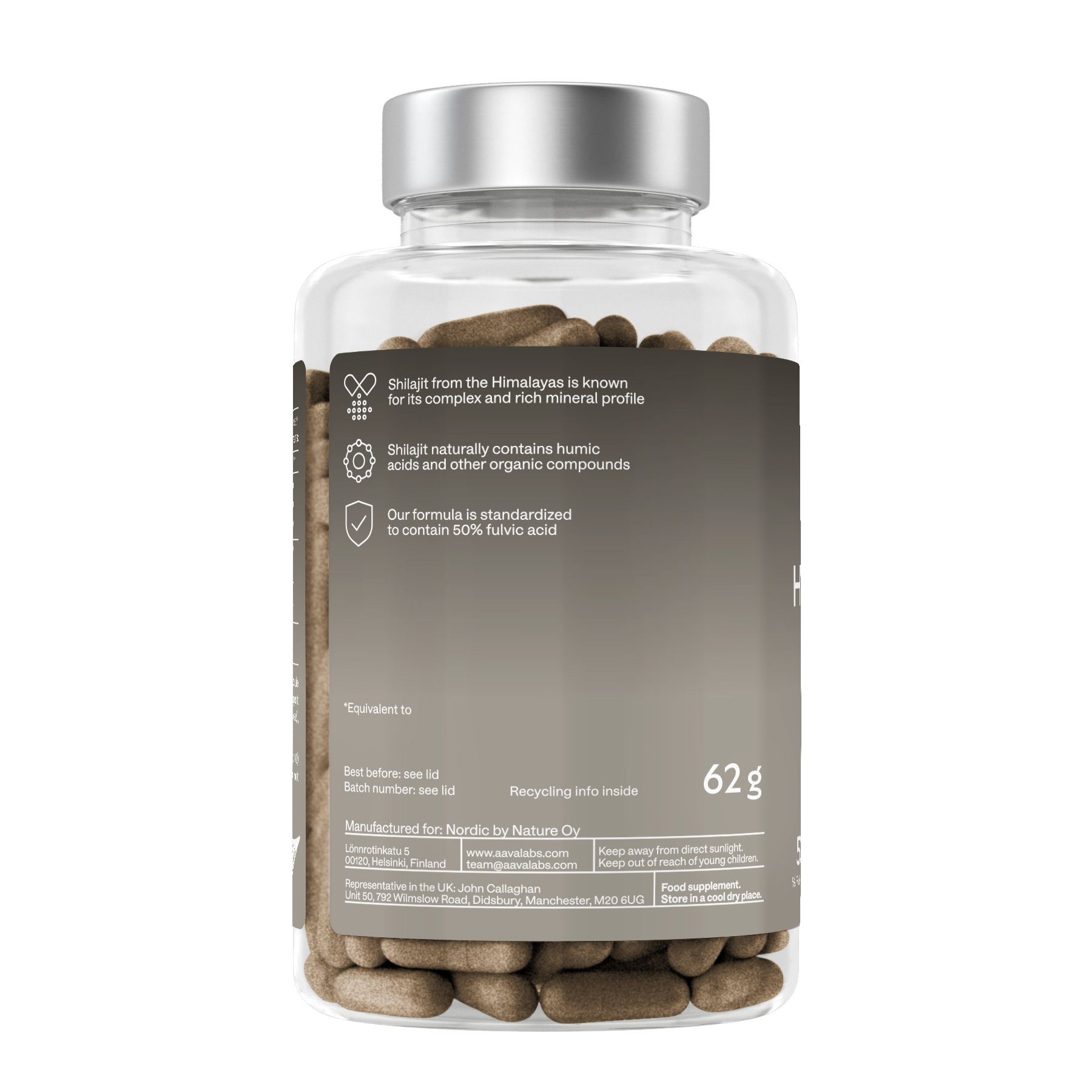 Retro di una bottiglia con capsule marroni. Etichetta con informazioni sullo Shilajit e ingredienti.
