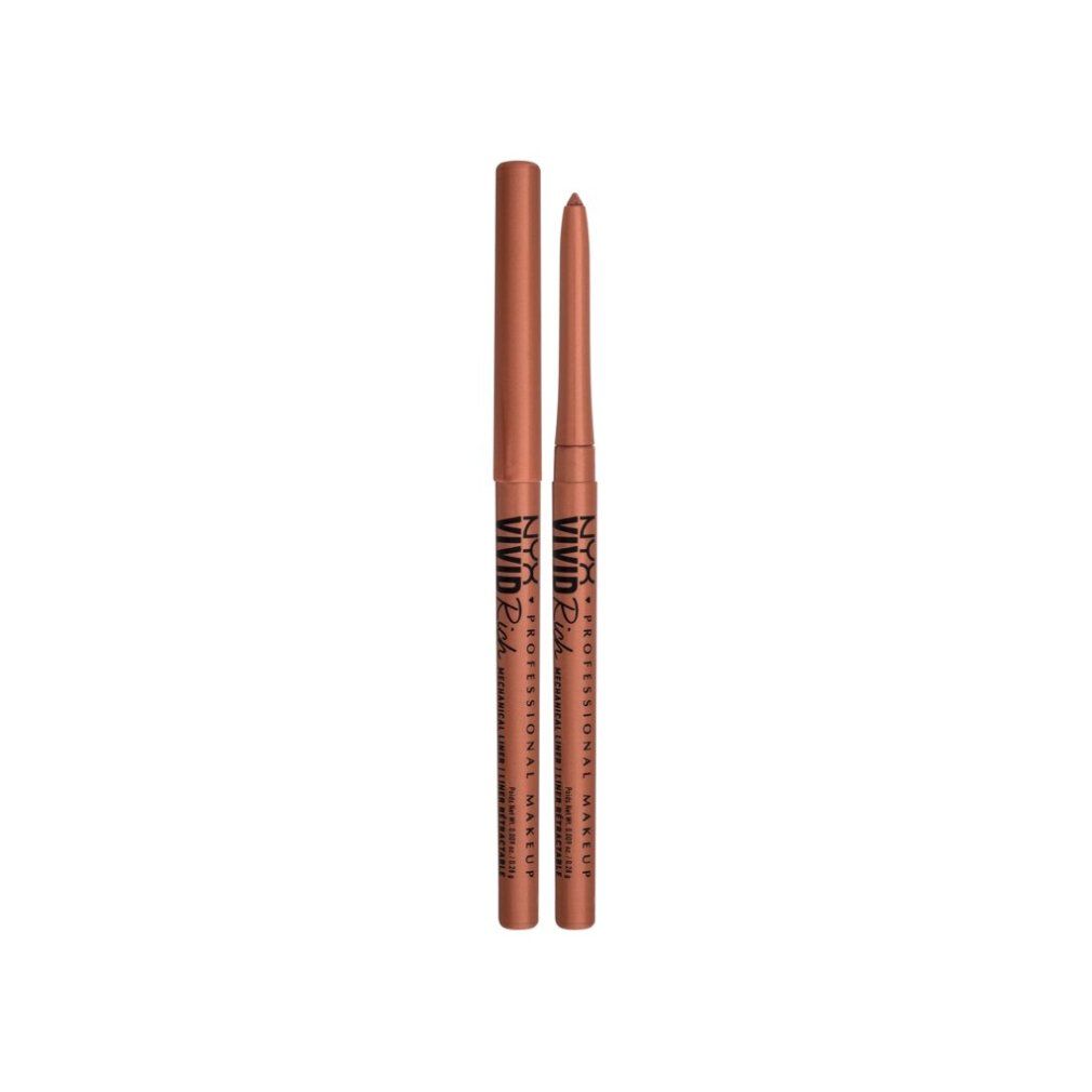Due matite eyeliner meccaniche NYX Professional Makeup, marroni. Scritta nera. Scritta: VIVID Rich.