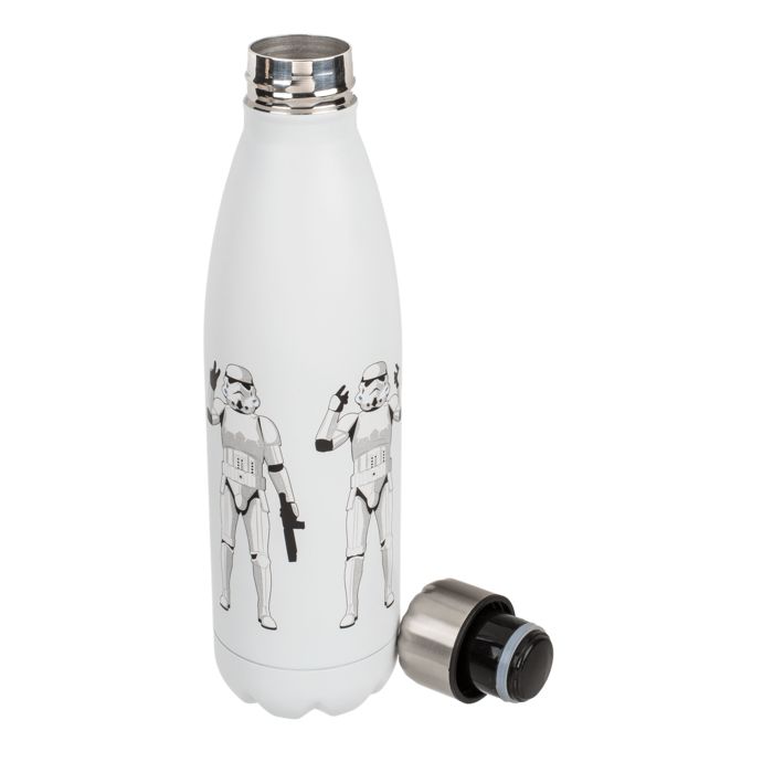Borraccia bianca con tappo argentato. Tappo accanto. Illustrazioni di due Stormtrooper. Scritta: Original Stormtrooper.
