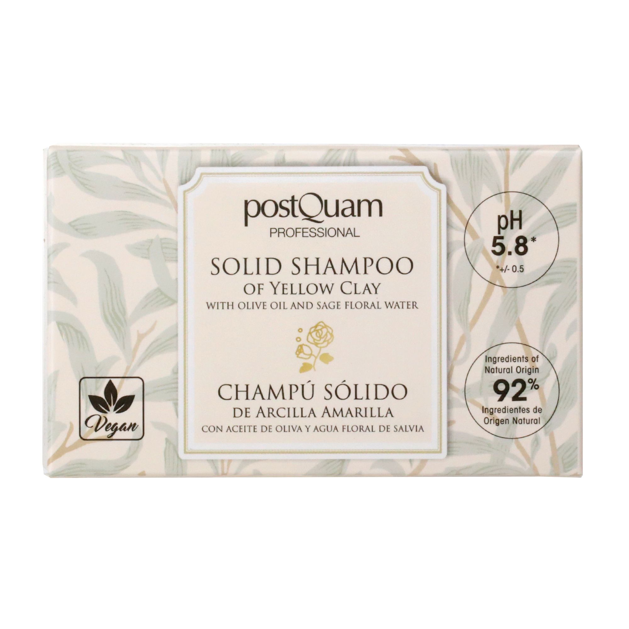 Confezione di shampoo solido all'argilla gialla. Scritta: Postquam, Champú Sólido, pH 5.8, 92% ingredienti naturali, vegan.