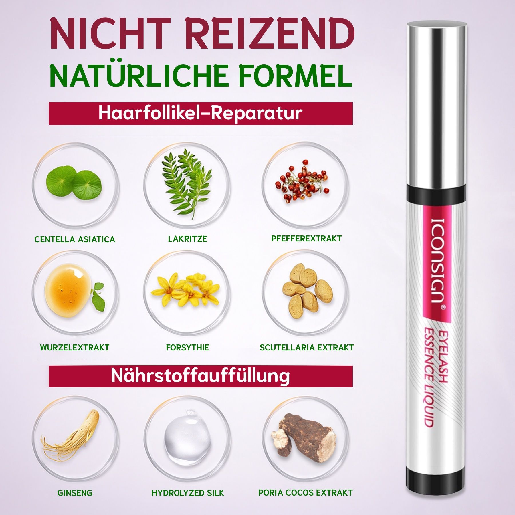 Flacone di siero e ingredienti. Testo: Non irritante. Formula naturale. Riparazione dei follicoli piliferi.
