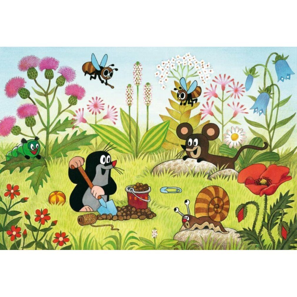 Illustrazione puzzle: la talpa scava in giardino. Topo, lumaca, ape e altri personaggi in un prato fiorito.