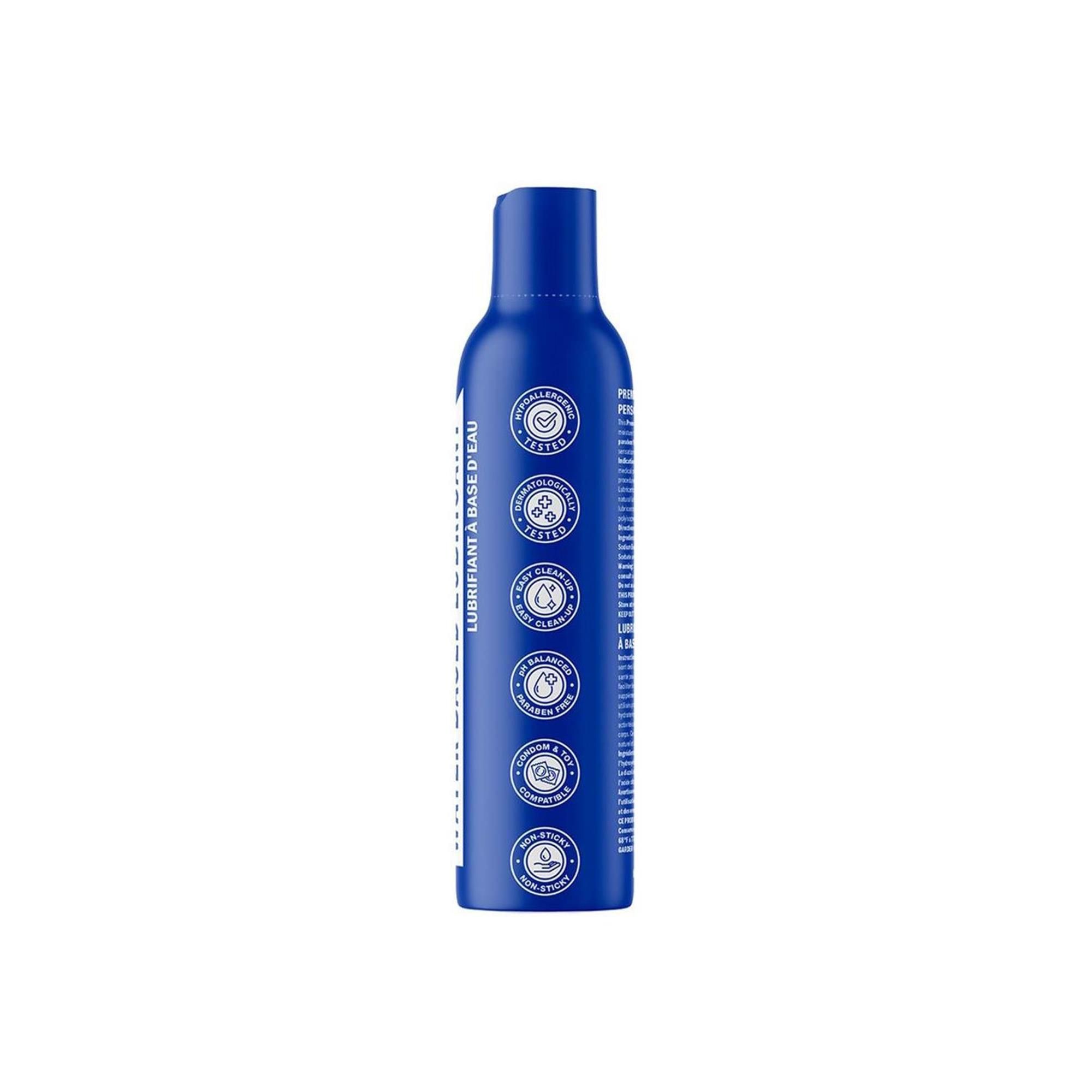 Flacone blu con simboli e testo bianchi. Scritta: Lubricant à base d'eau. Diversi simboli.