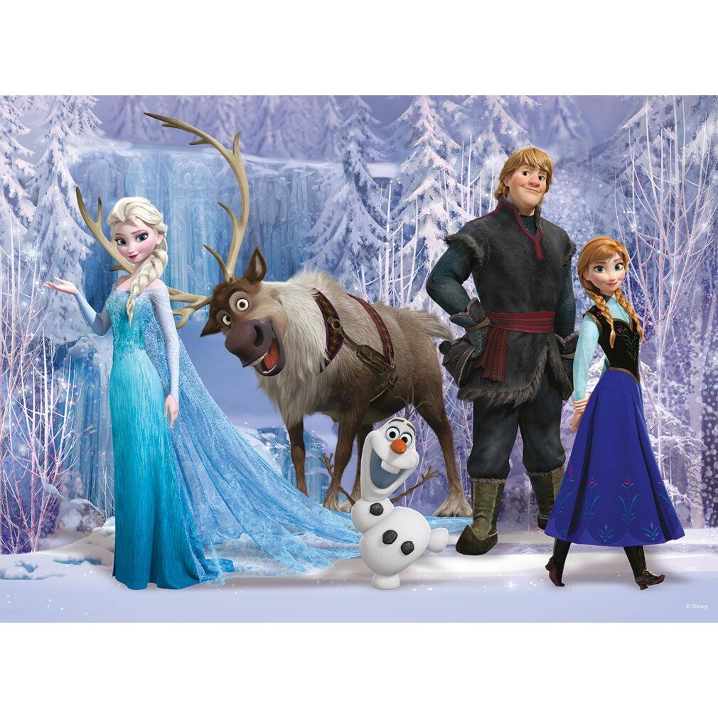 Puzzle con personaggi di Frozen. Scena con Elsa, Anna, Olaf e Kristoff. Sfondo: paesaggio innevato. 100 pezzi XXL.