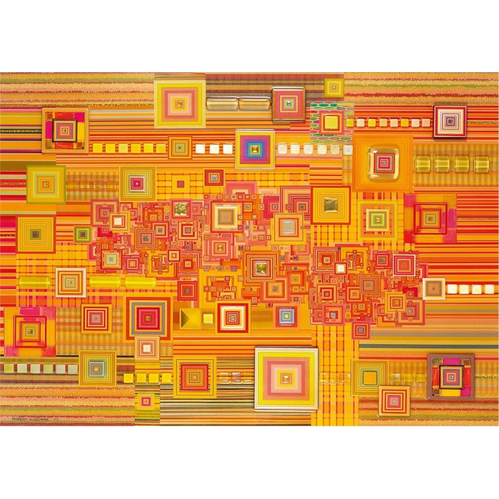 Puzzle assemblato, disegno astratto di quadrati e linee arancioni e gialle. Forma rettangolare.