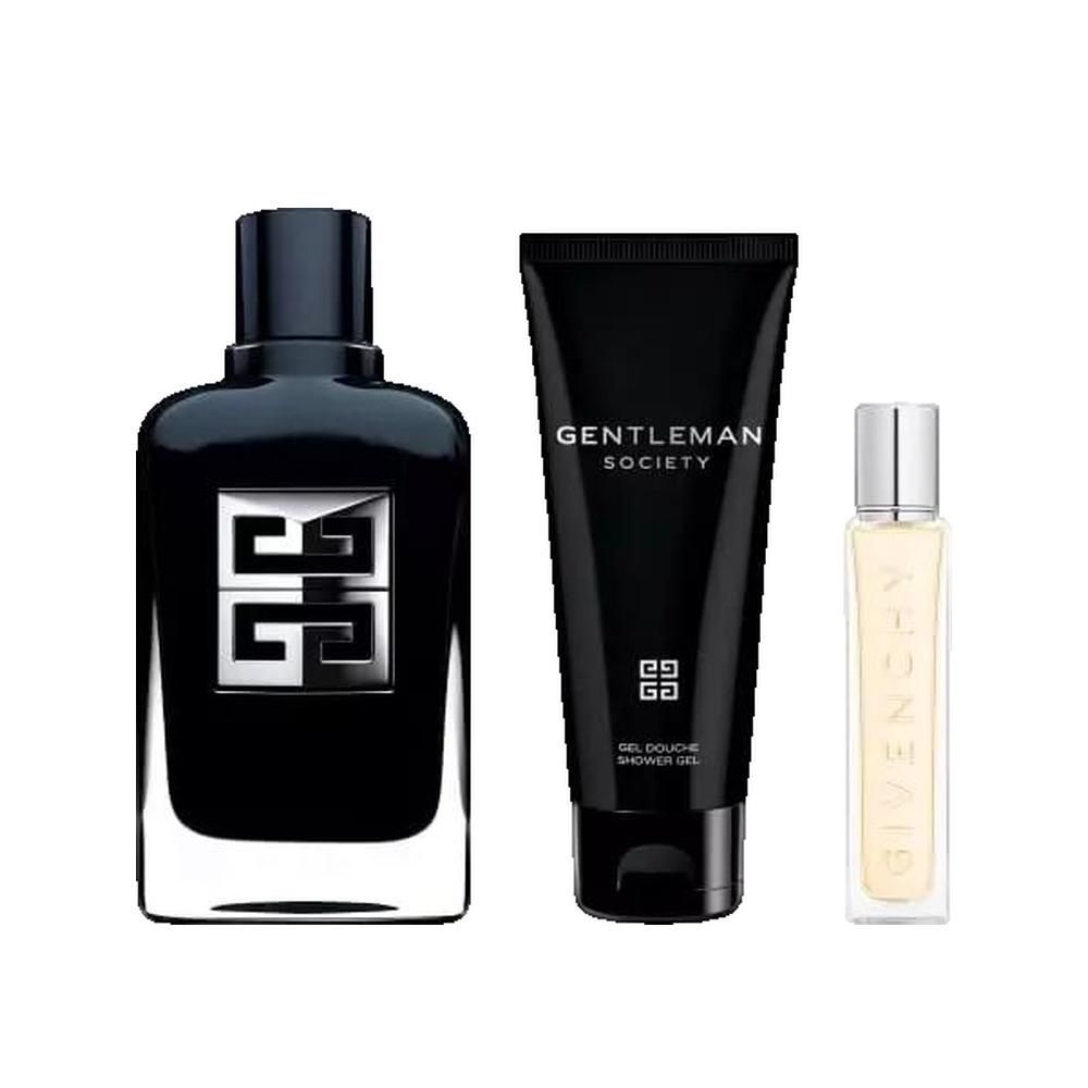 Flacone nero, gel doccia e vaporizzatore. Scritta: GIVENCHY, GENTLEMAN SOCIETY. Confezione nera.