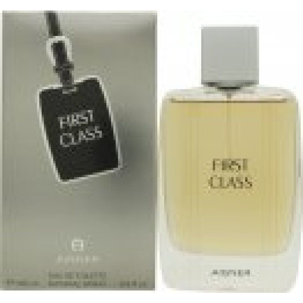 Flacone di profumo e scatola. Scritta "FIRST CLASS" e "AIGNER". Flacone con contenuto chiaro. Scatola con etichetta.