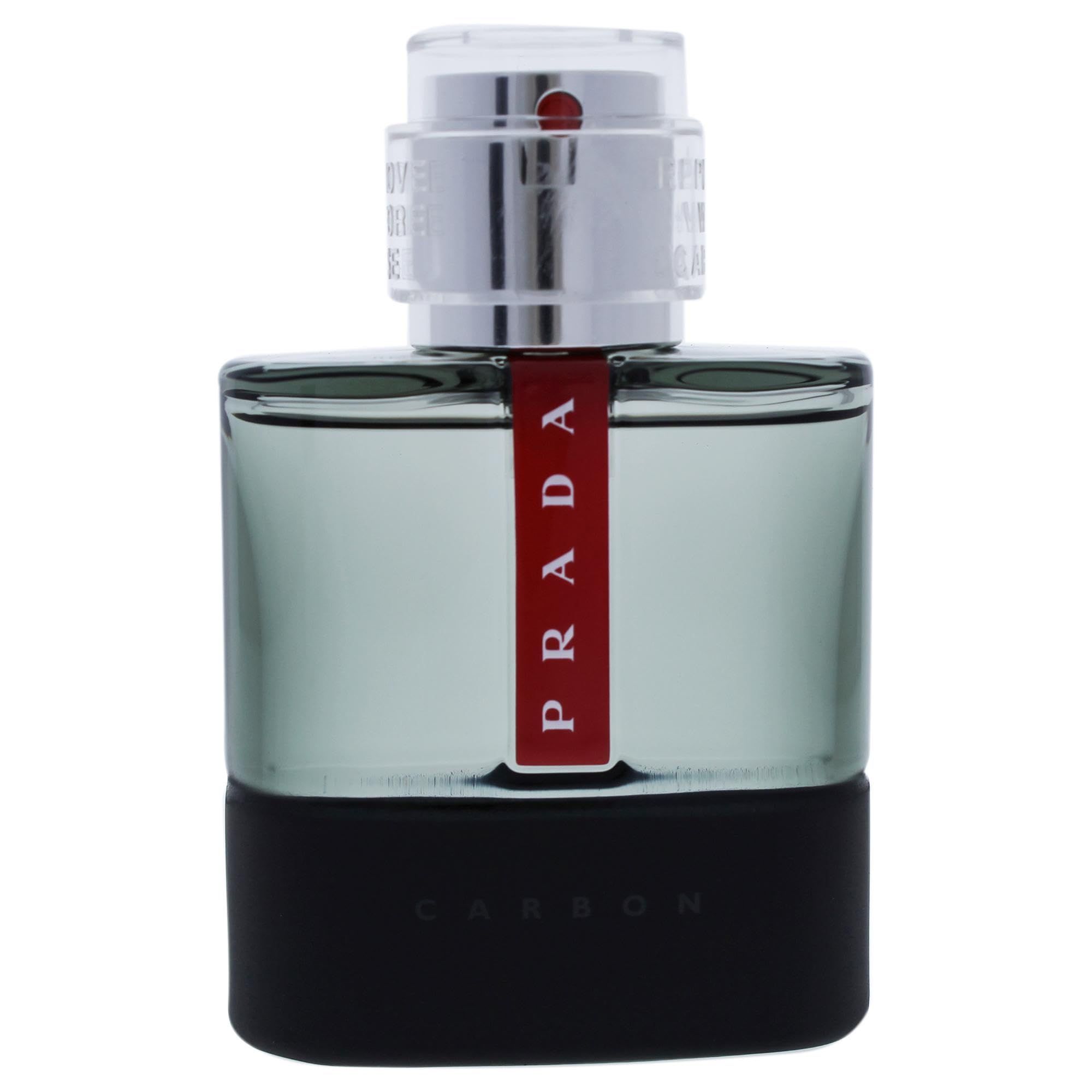 Flacone trasparente con striscia rossa e scritta PRADA. Base nera, tappo argentato. Scritta CARBON.