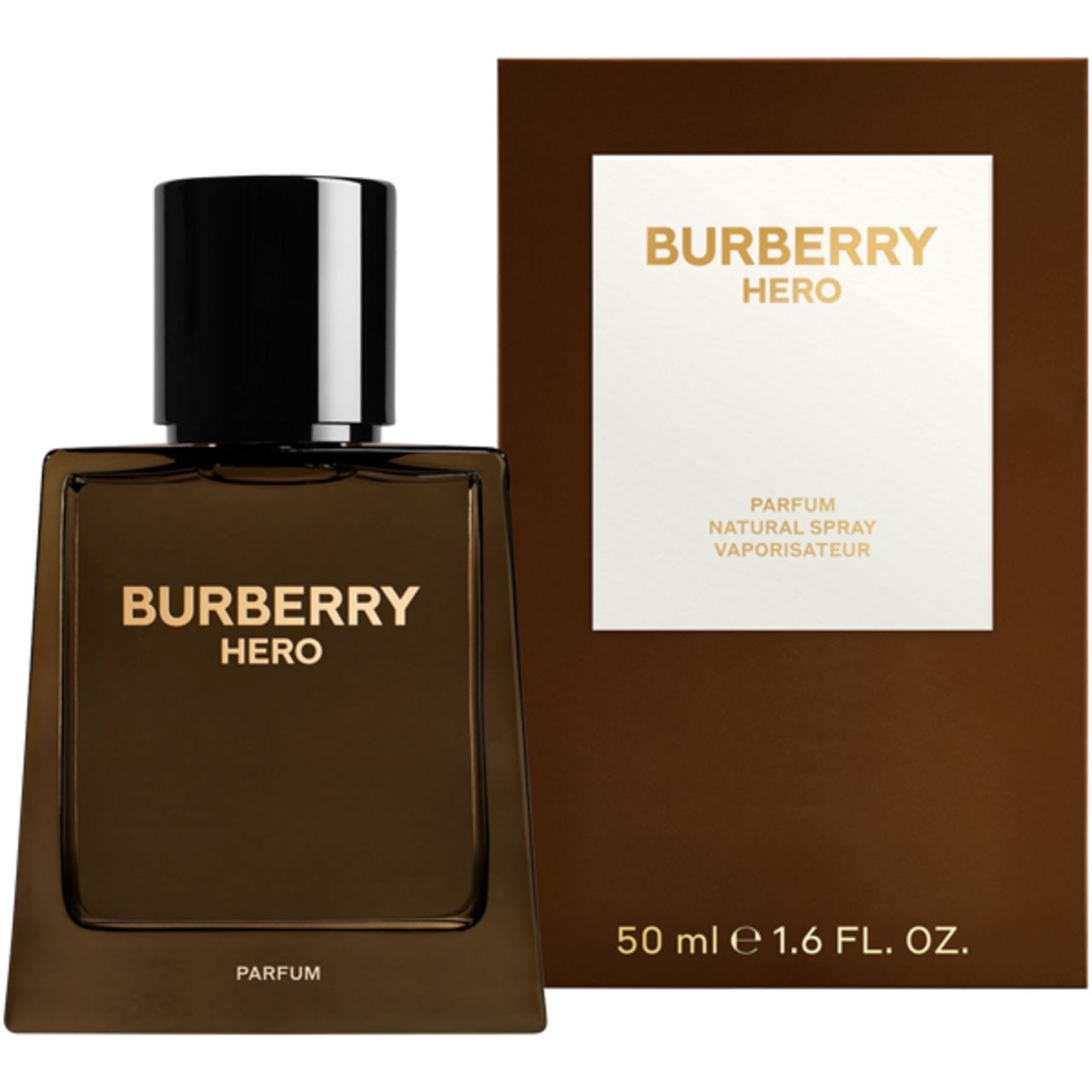 Burberry Hero Parfum Nat. Spray e confezione. Flacone quadrato, tappo nero. Scritta dorata. Confezione marrone.