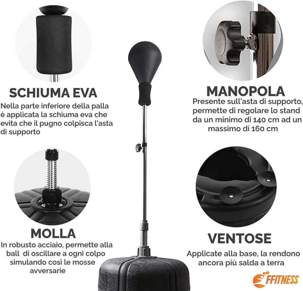 Primo piano del sacco da boxe con etichette. Include schiuma EVA, molla, ventose e manopola.