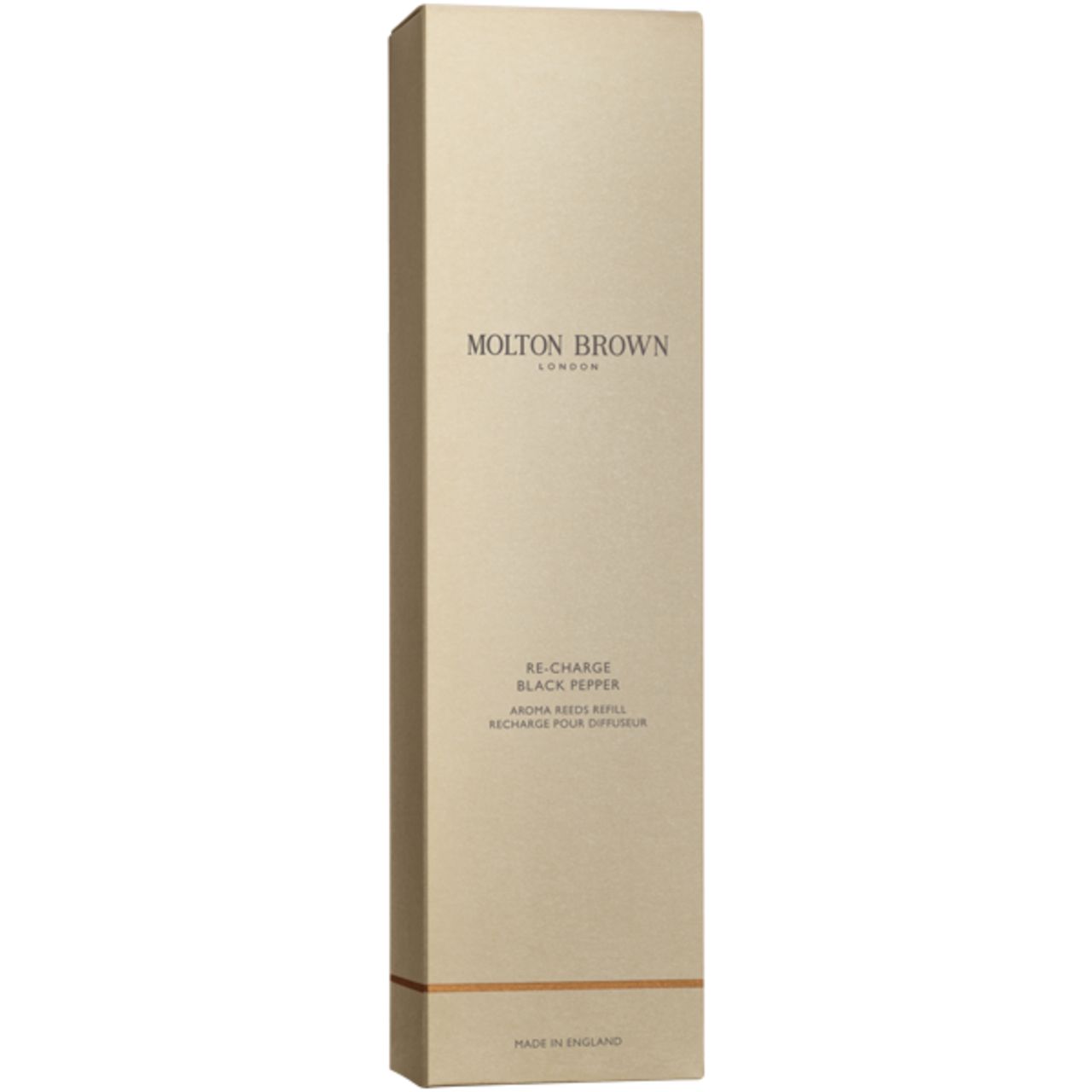 Confezione rettangolare alta. Logo Molton Brown e nome del prodotto. Colore beige con accenti marroni.