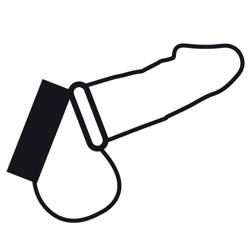 Illustrazione in bianco e nero di un pene con un anello per il pene. L'anello è posto attorno al pene.