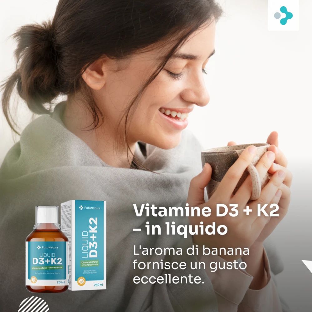 Donna con tazza e coperta. Accanto: bottiglia e confezione di Vitamina D3 + K2 liquido. Testo: gusto banana.