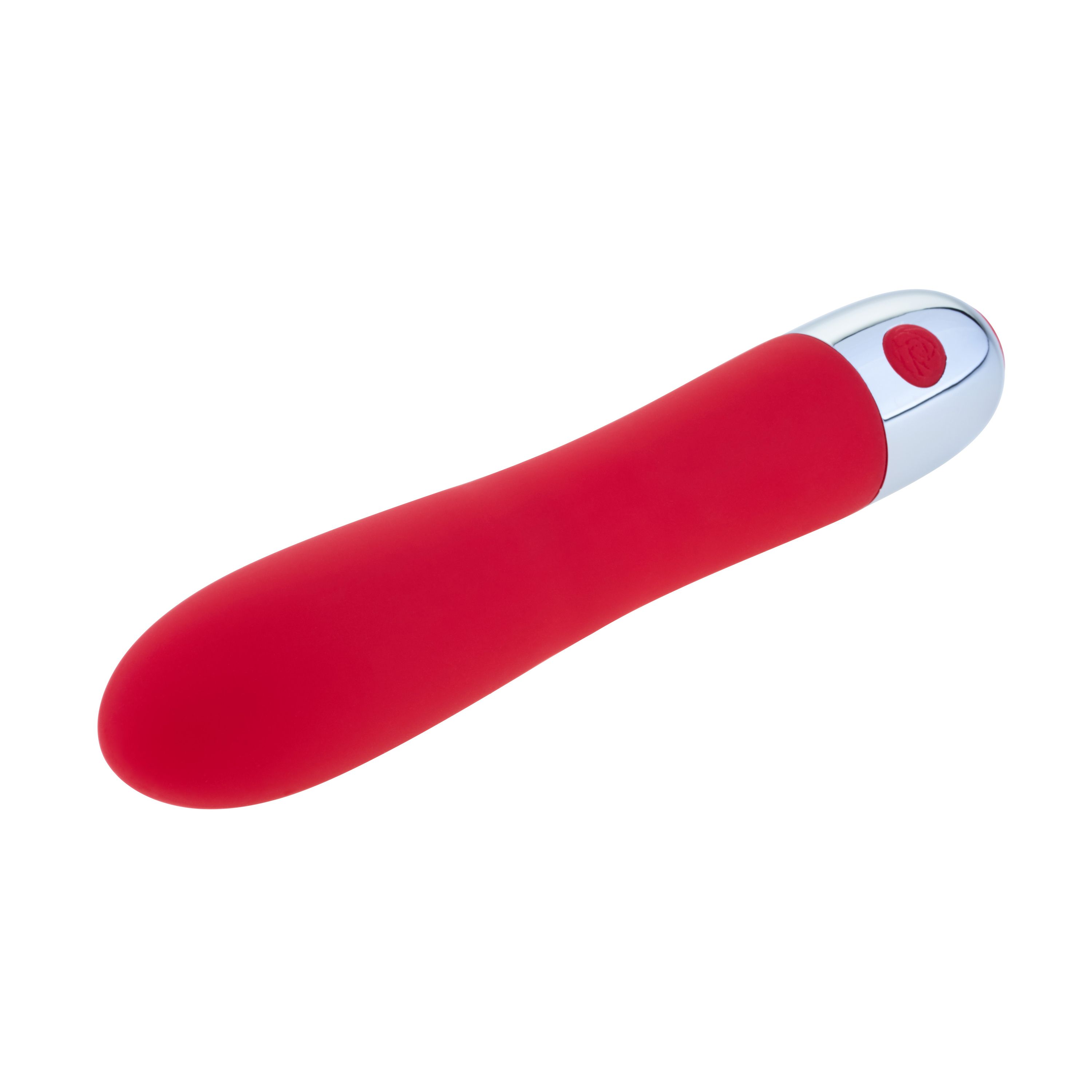 Vibratore rosso con testa argentata e pulsante rosso. Superficie liscia, forma ergonomica.
