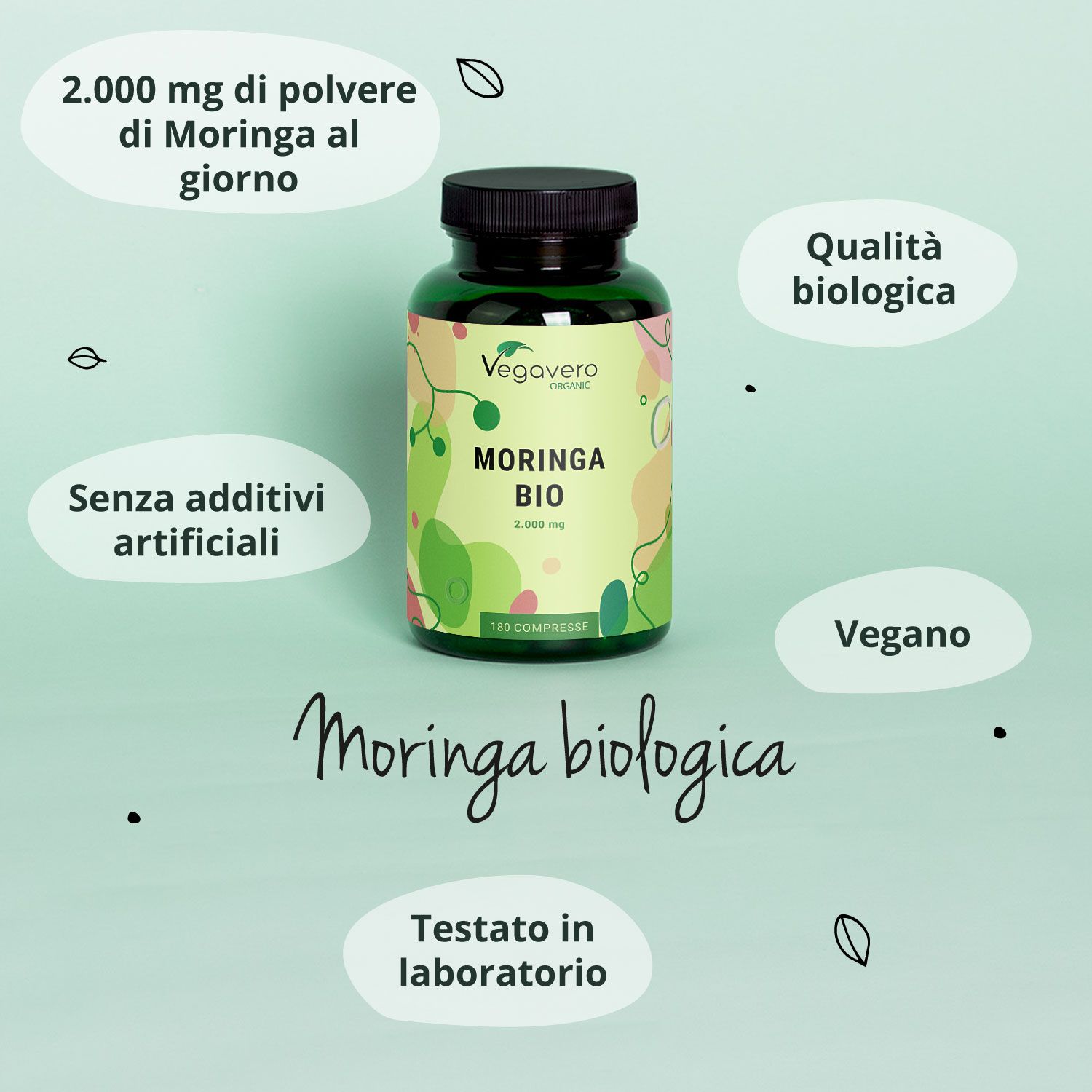 Flacone verde con tappo nero. Scritta: Moringa BIO, 180 compresse. Logo Vegavaro. Su sfondo verde.
