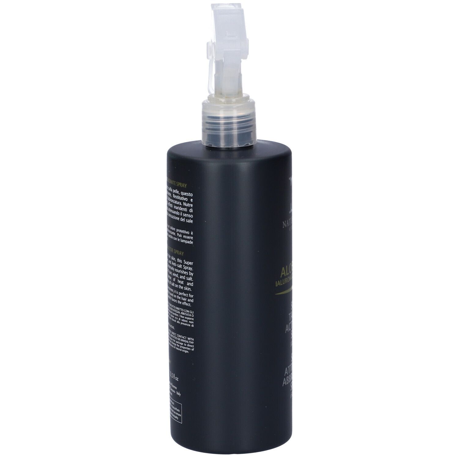 Flacone nero con erogatore spray. Testo laterale. Aloe, acido ialuronico. Informazioni sul prodotto.