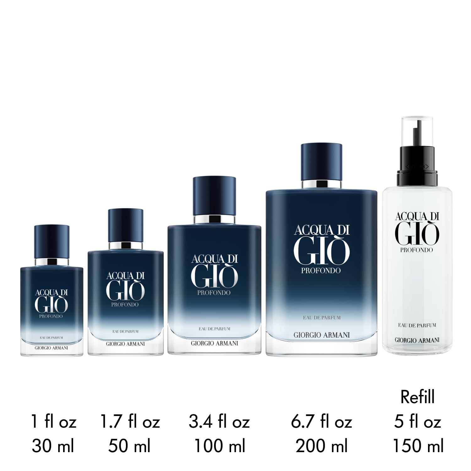 Cinque flaconi di profumo di diverse dimensioni. Testo: Acqua di Gio Profondo, Eau de Parfum. Dimensioni: 30ml, 50ml, 100ml, 200ml, 150ml ricarica.