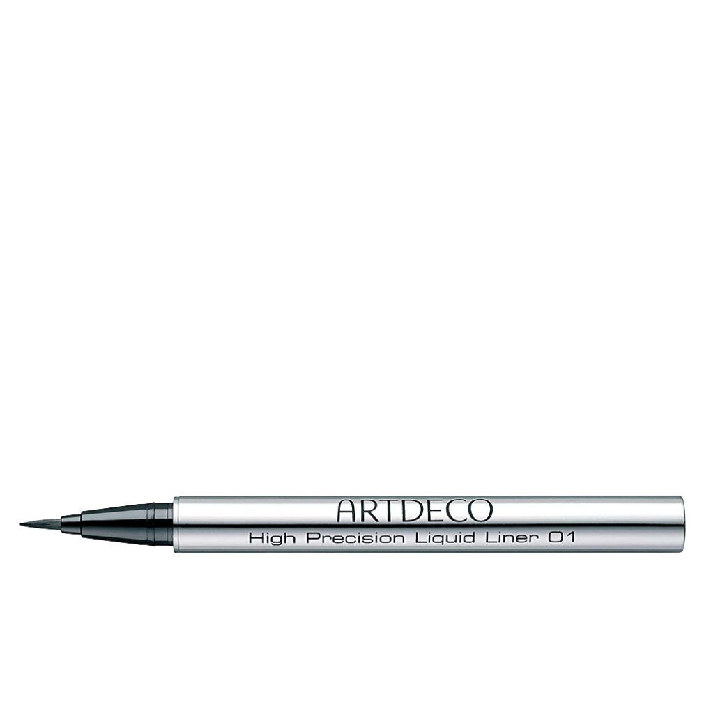 Eyeliner nero con astuccio argentato. Scritta: ARTDECO, High Precision Liquid Liner 01.