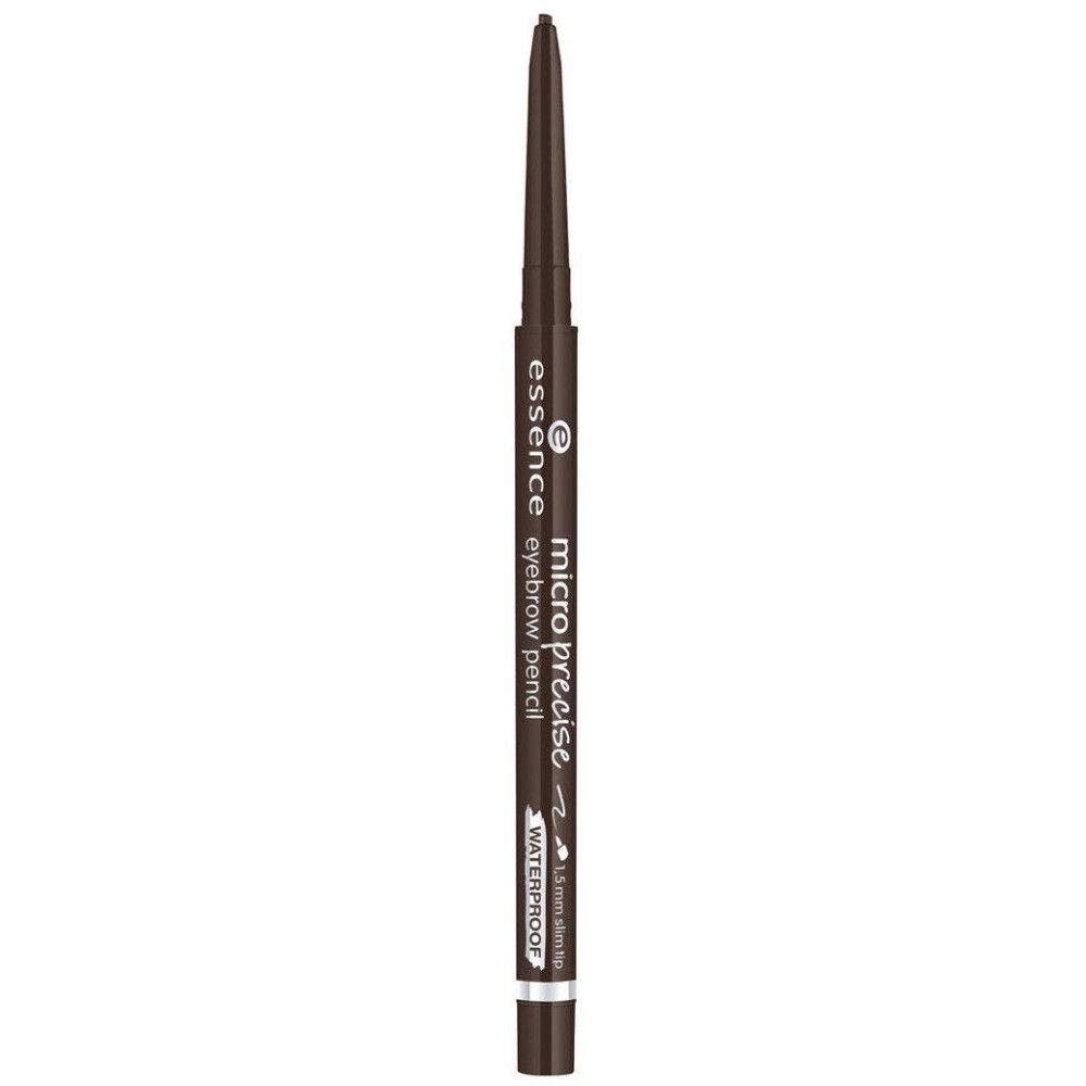 Matita per sopracciglia marrone. Scritta: essence, micro precise eyebrow pencil, waterproof. Punta 0,9 mm.