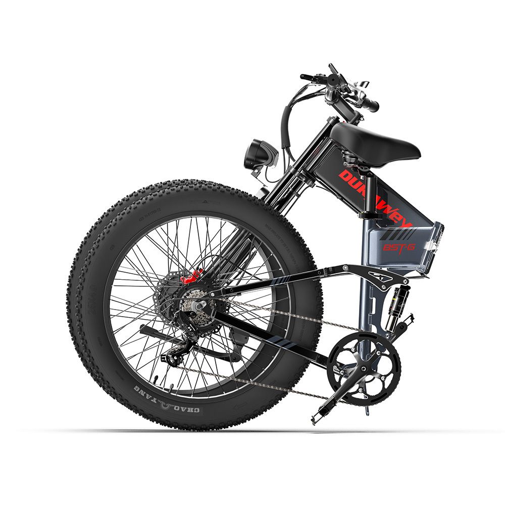 Mountain bike elettrica nera piegata. Visibile: marchio DUKAWEY, batteria.