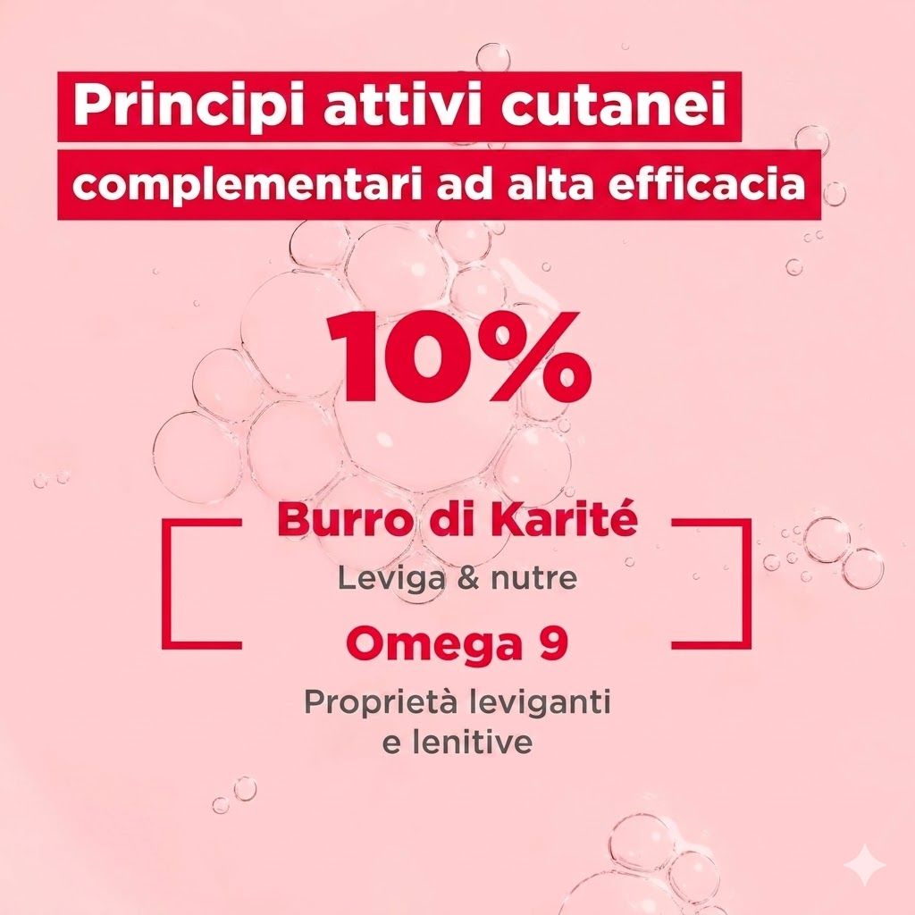 Sfondo rosa con ingredienti. 10% Burro di Karité & Omega 9. Proprietà leviganti e lenitive.