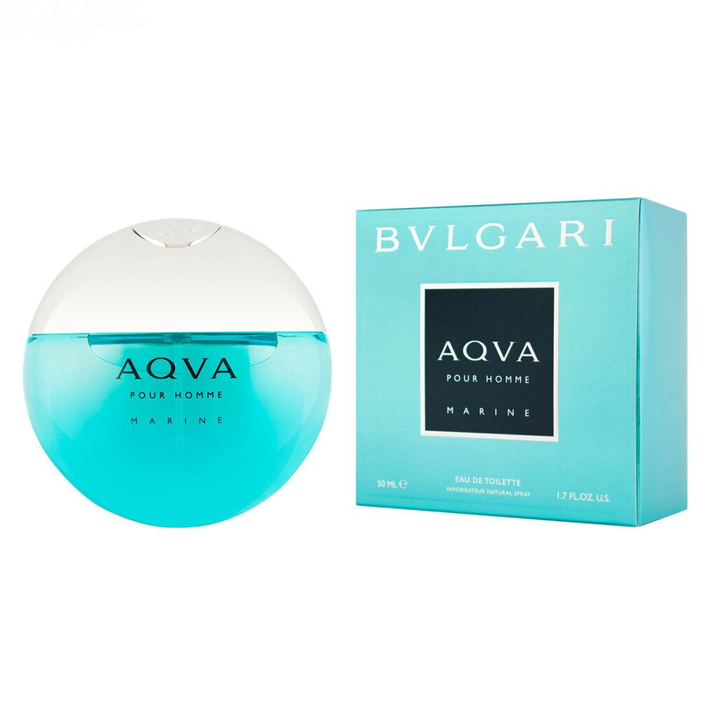 Flacone e confezione Bvlgari Aqva Marine. Vetro blu, tappo argentato. Scatola rettangolare con logo e nome del prodotto.