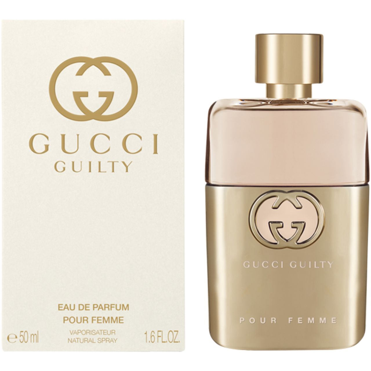 Flacone dorato e confezione. Gucci GUILTY POUR FEMME, 50 ml, 1.6 FL.OZ. Scritta.