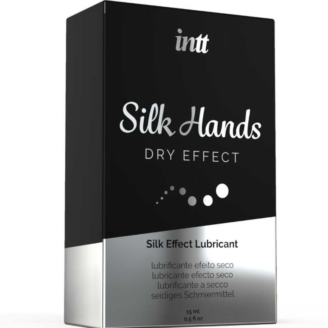 Confezione nera con dettagli argento. Scritte: intt, Silk Hands, DRY EFFECT, Silk Effect Lubricant.
