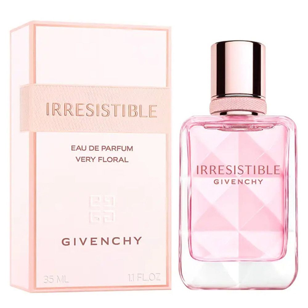 Flacone rosa Irresistible Givenchy con tappo dorato. Confezione rettangolare rosa con scritta Irresistible.