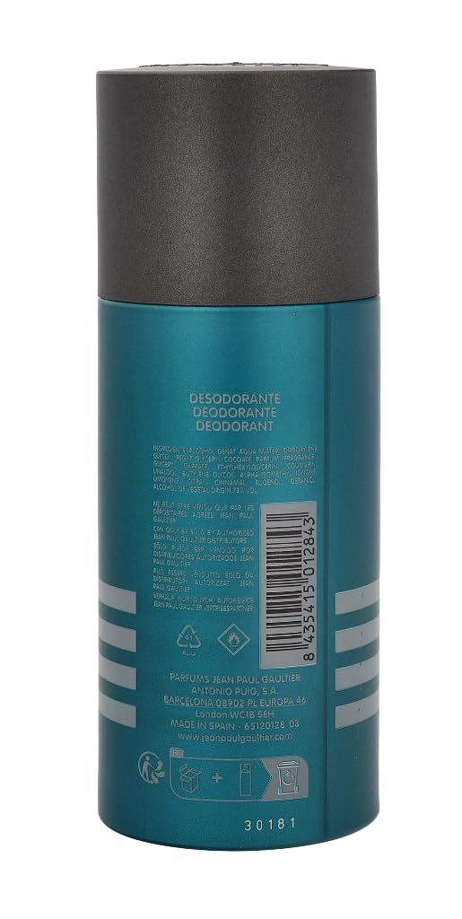 Retro di un flacone spray deodorante turchese. Testo: DESODORANTE, PARFUMS JEAN PAUL GAULTIER.