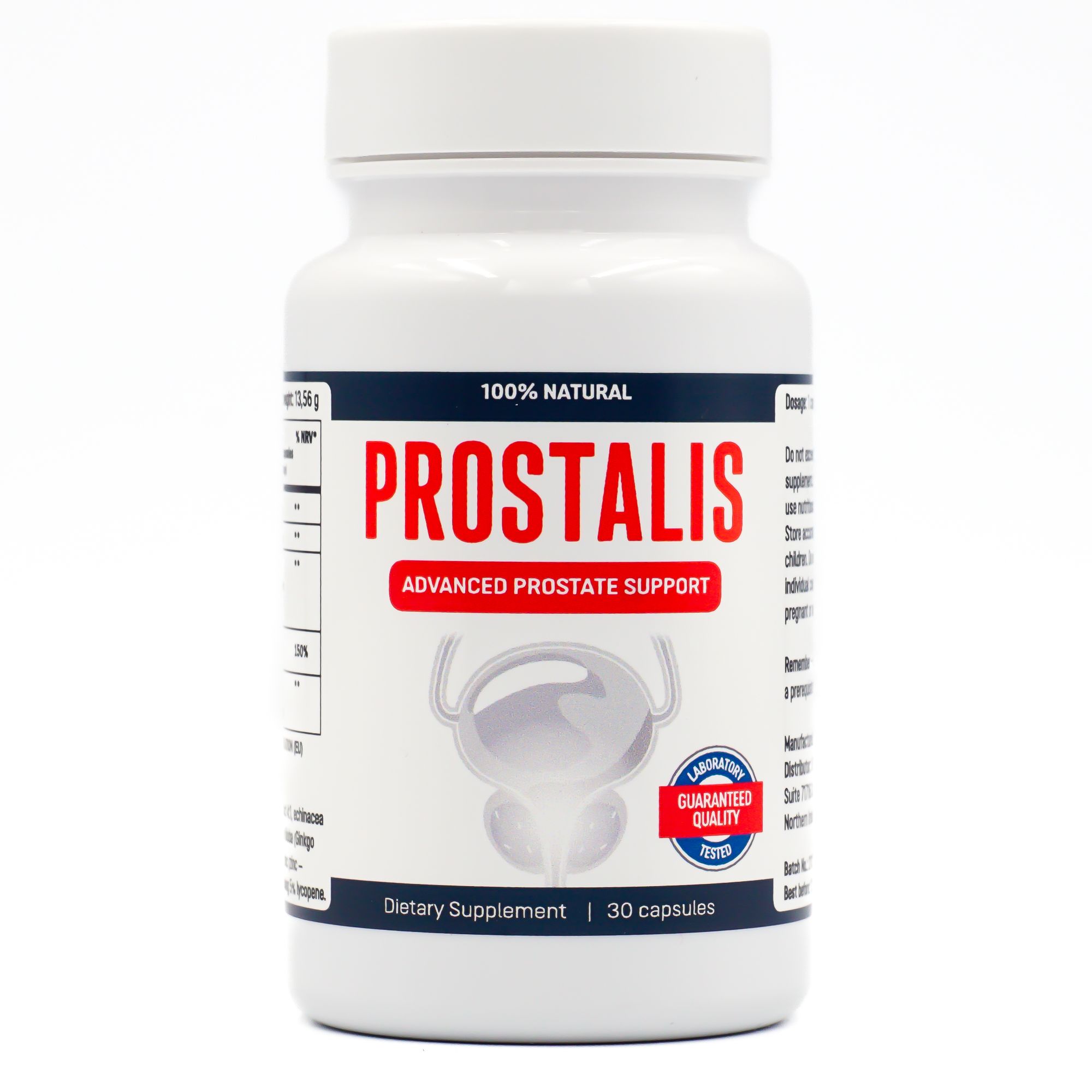 Flacone bianco con etichetta rossa. Scritta: Prostalis, Advanced Prostate Support. Contiene 30 capsule. Illustrazione della prostata. Testato in laboratorio.