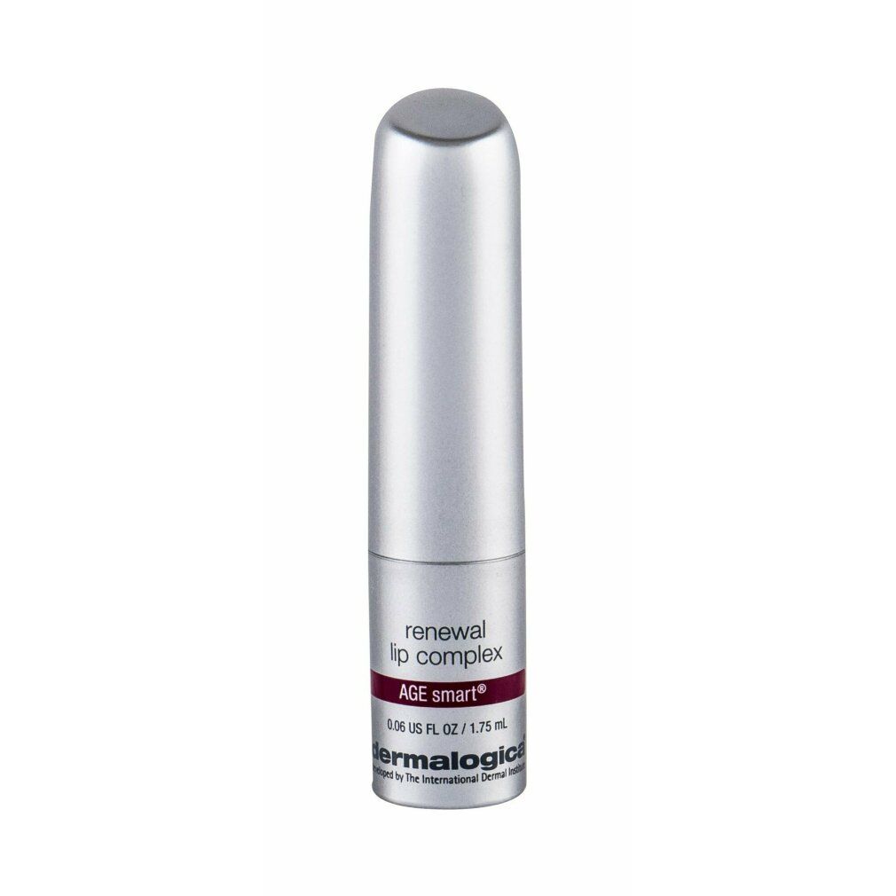 Contenitore di balsamo labbra argentato con etichetta rossa. Testo: "renewal lip complex", "AGE smart", "Dermalogica".
