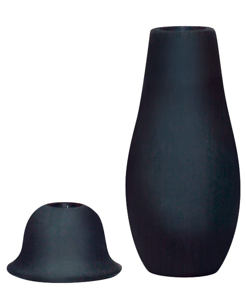 Doccia intima nera con flacone e accessorio. Flacone a forma di pera, accessorio a forma di imbuto.