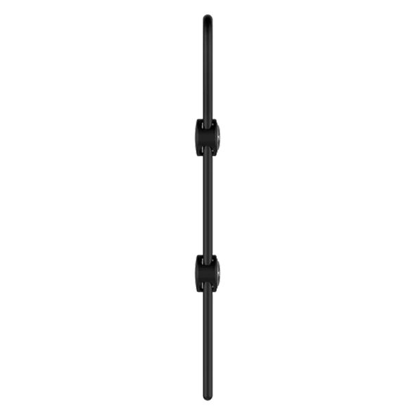 Anello fallico regolabile nero in silicone. Due elementi neri con scritta "NEXUS". Vista verticale.