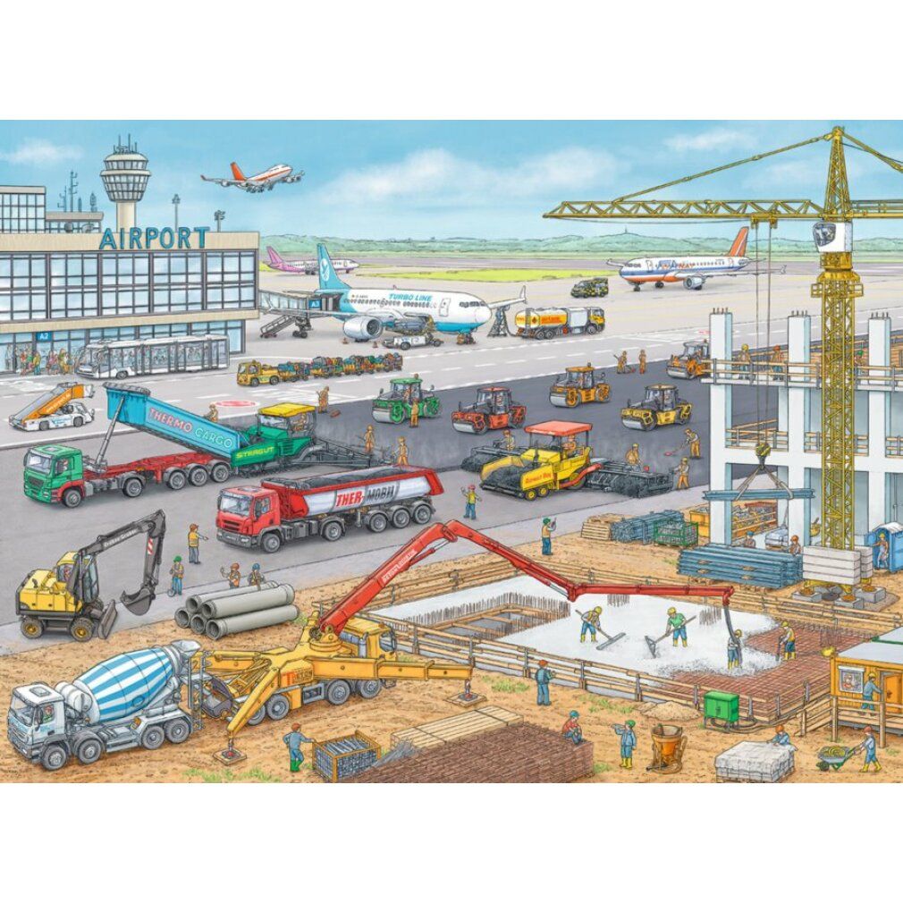 Puzzle con motivo cantiere aeroportuale. Scena con aerei, operai e macchine edili. Torre, gru e betoniera.