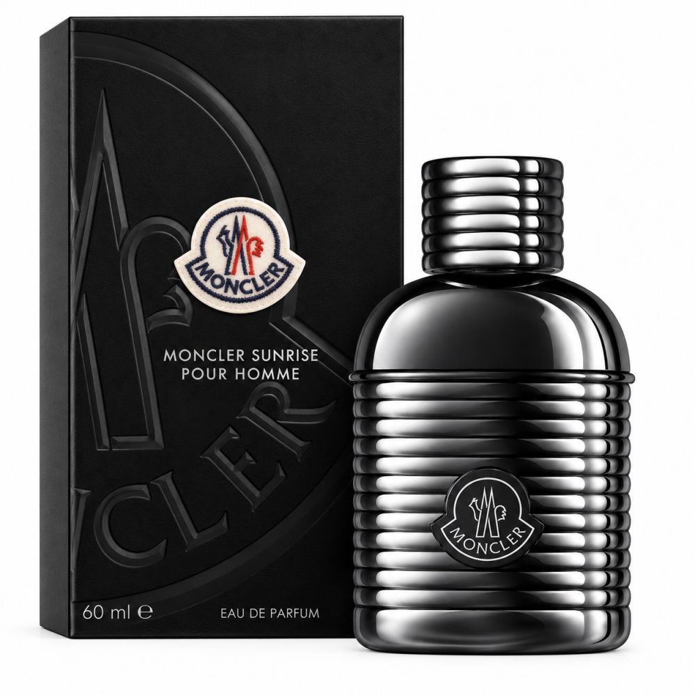 Moncler Sunrise Pour Homme Eau de Parfum, 60 ml. Confezione nera e flacone dal design a coste con logo Moncler.