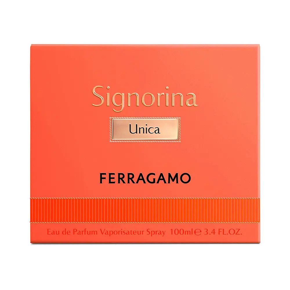 Confezione arancione. Scritta Signorina Unica, Ferragamo. Testo: Eau de Parfum Vaporisateur Spray 100ml 3.4 FL.OZ.
