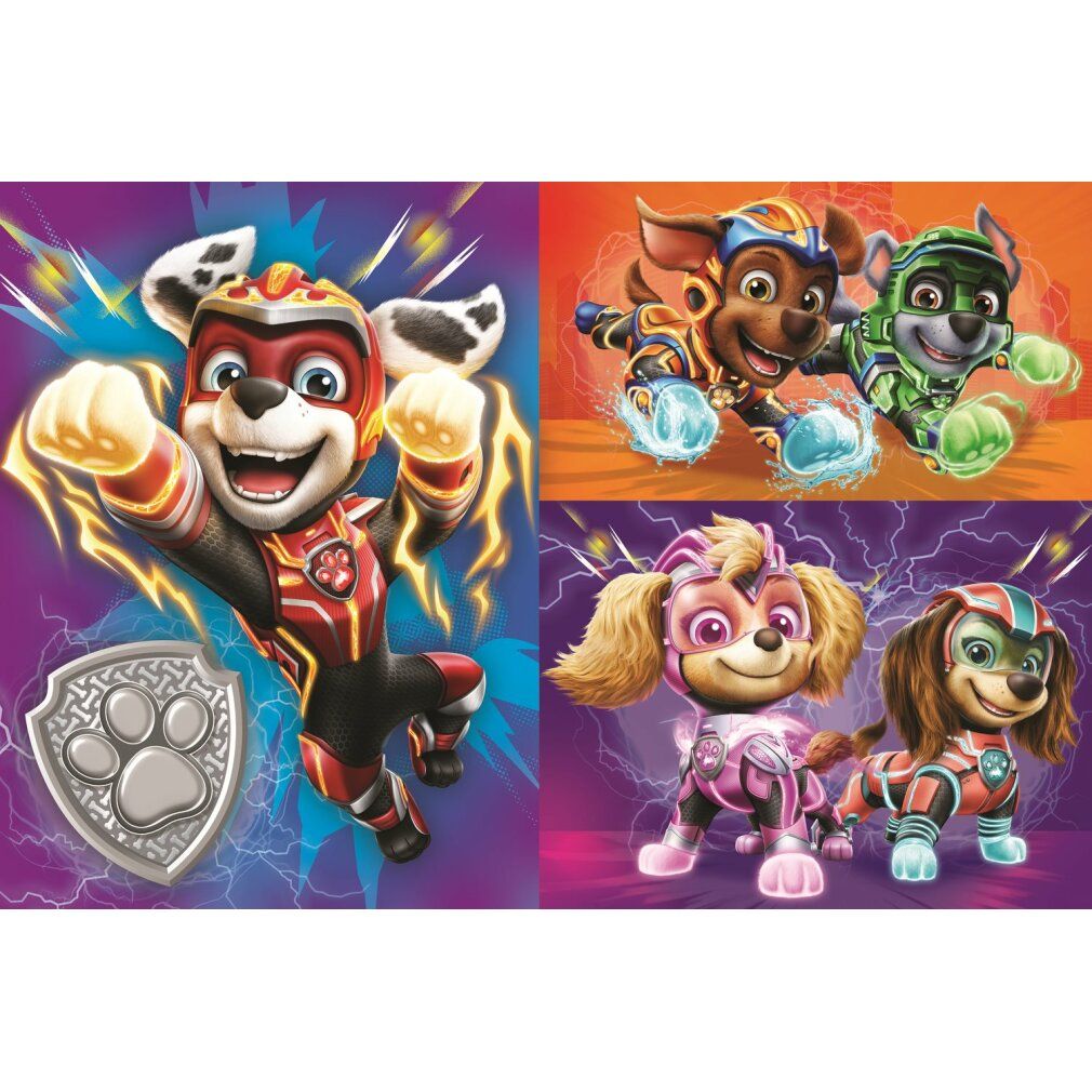 Pezi di puzzle Paw Patrol. Cani in costumi da supereroi e uno scudo con impronta di zampa.
