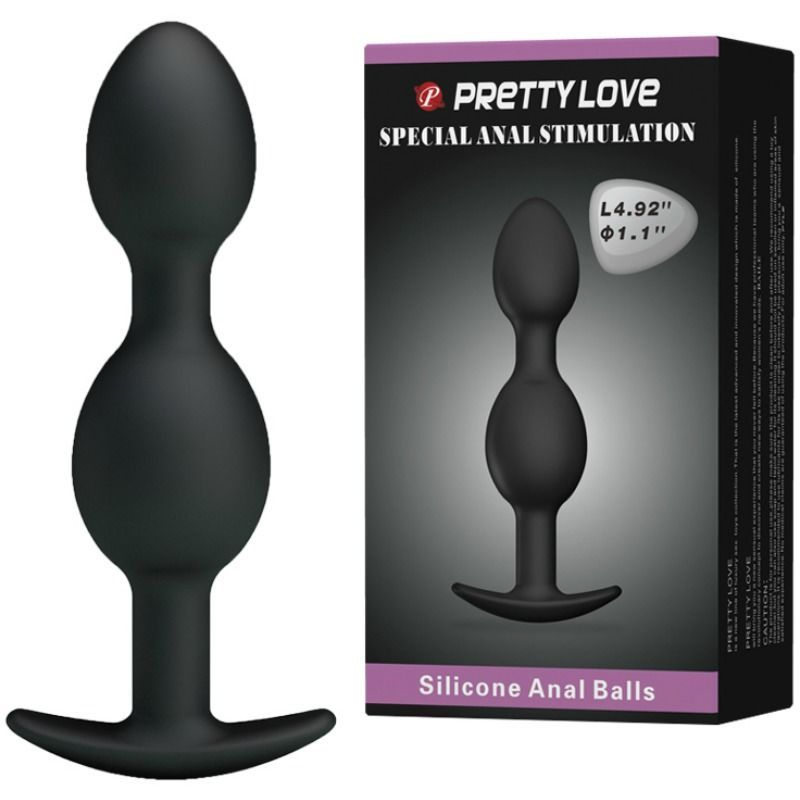 Sfere anali in silicone nero. Prodotto con punta arrotondata, due sfere e base a T. Confezione con immagine e testo del prodotto.