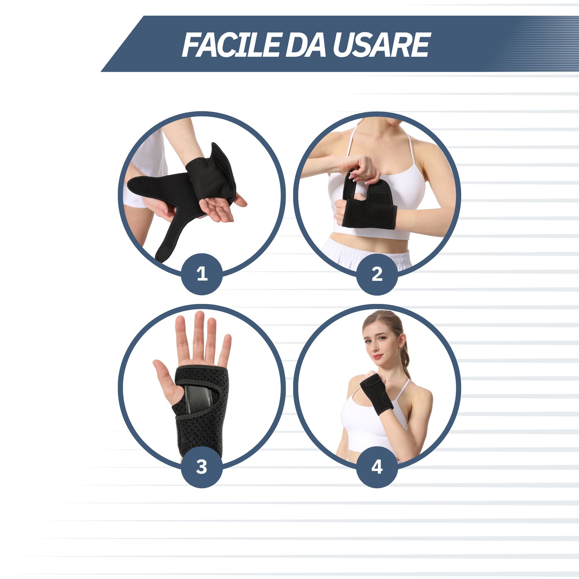 Fascia nera per polso con velcro e materiale traspirante.