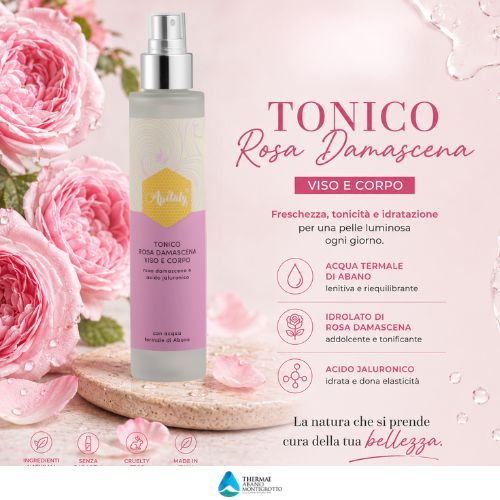 Flacone cilindrico con vaporizzatore. Etichetta rosa con nome prodotto e logo. Testo su ingredienti e benefici.