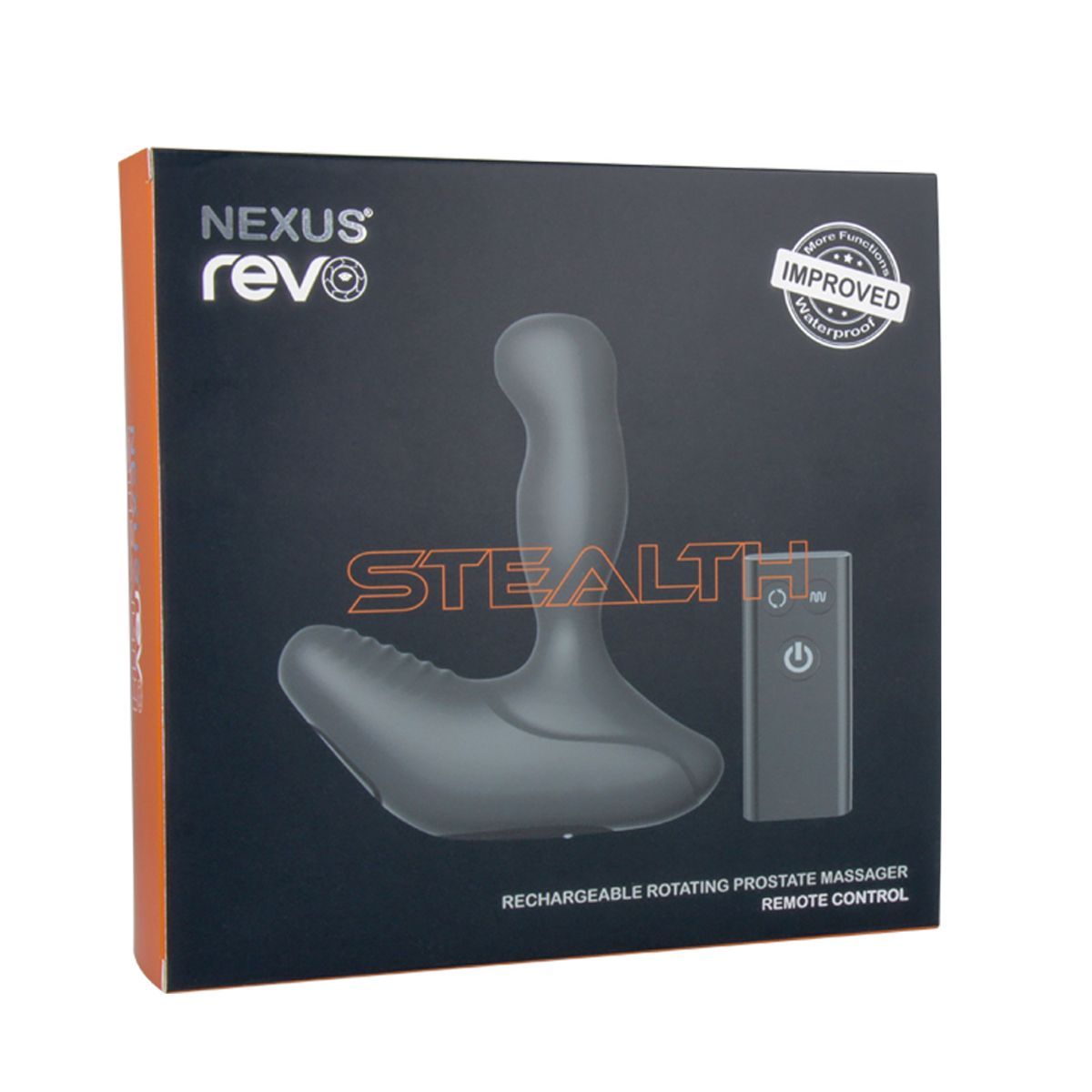 Confezione del prodotto con immagine del prodotto e telecomando. Sulla confezione è scritto 'Nexus Revo Stealth'.