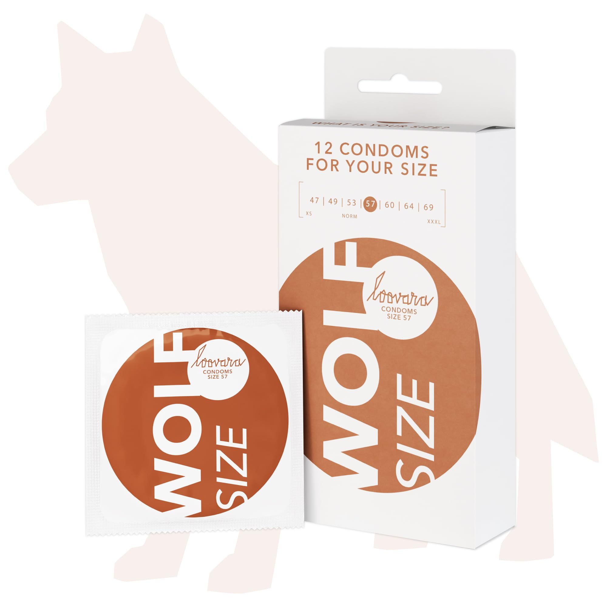 Confezione preservativi Loovara: Wolf taglia 57, 12 pezzi, con silhouette di lupo.