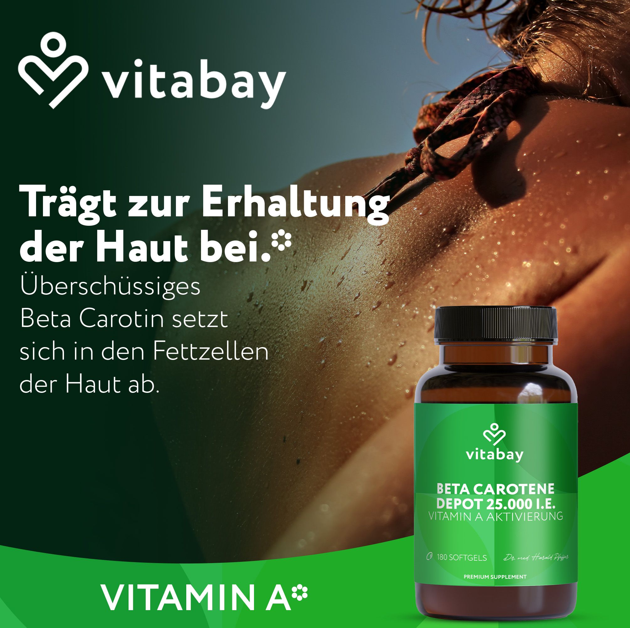 Bottiglia Vitabay Beta Carotene Depot, testo: Contribuisce al mantenimento della pelle. Vitamina A.
