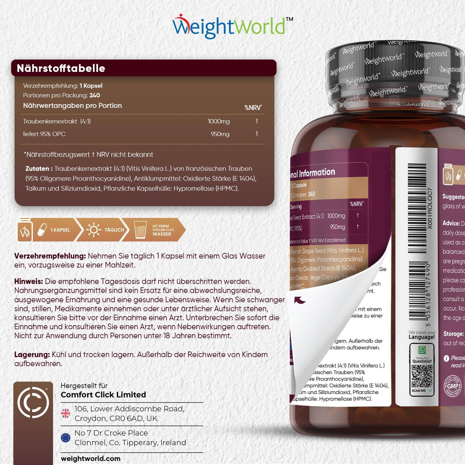 Tabella nutrizionale e informazioni sull'assunzione di capsule OPC. Contiene informazioni sugli ingredienti, il dosaggio e la conservazione.