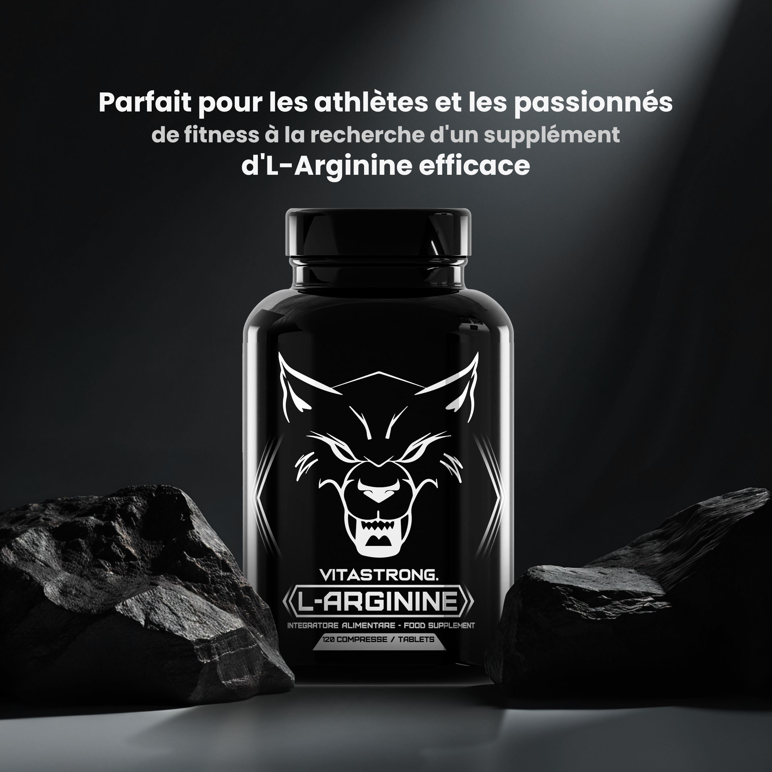 Flacone nero Vitastrong L-Arginina su sfondo scuro con pietre. Testo: 120 compresse. Integratore alimentare.
