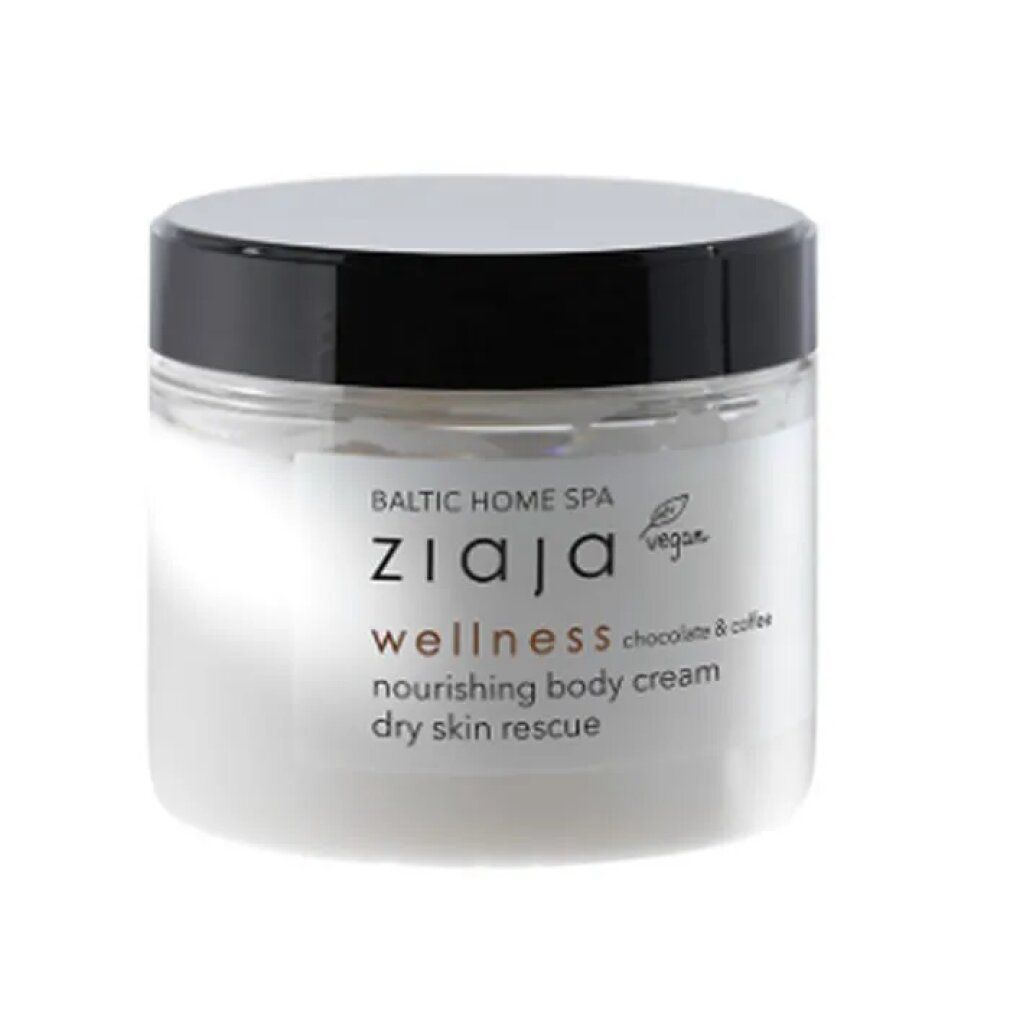 Crema Ziaja Baltic Home Spa Wellness. Vasetto in vetro con coperchio nero. Scritta: wellness chocolate & coffee, vegan.