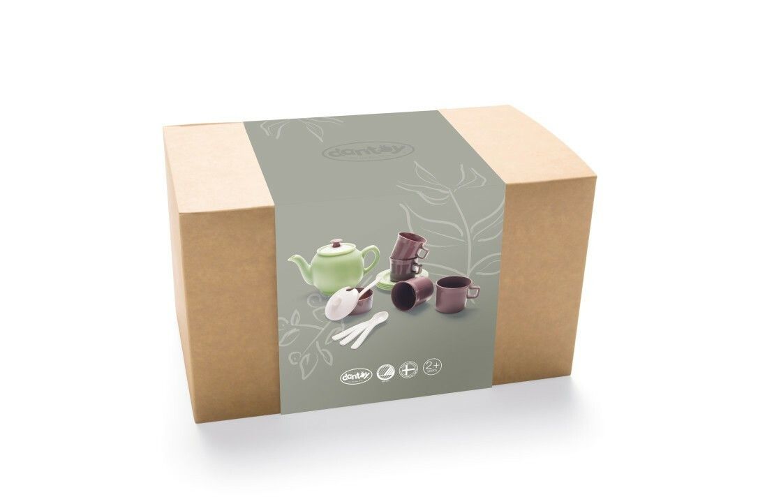 Confezione in cartone con immagine del servizio da tè giocattolo. Stampa con immagine del prodotto.
