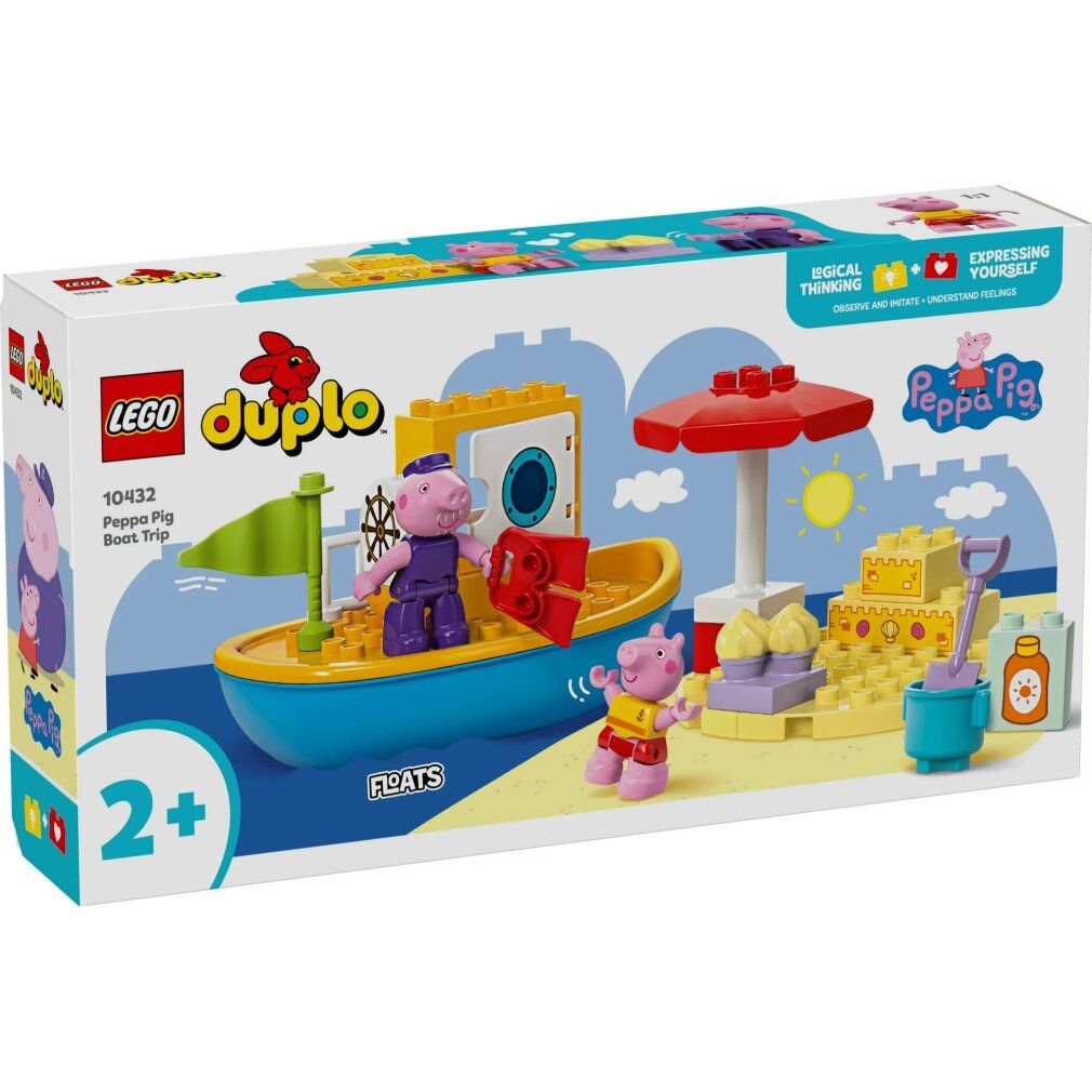 Set LEGO Duplo. Include una costruzione di barca gialla e blu con personaggi di Peppa Pig, accessori da spiaggia e confezione.